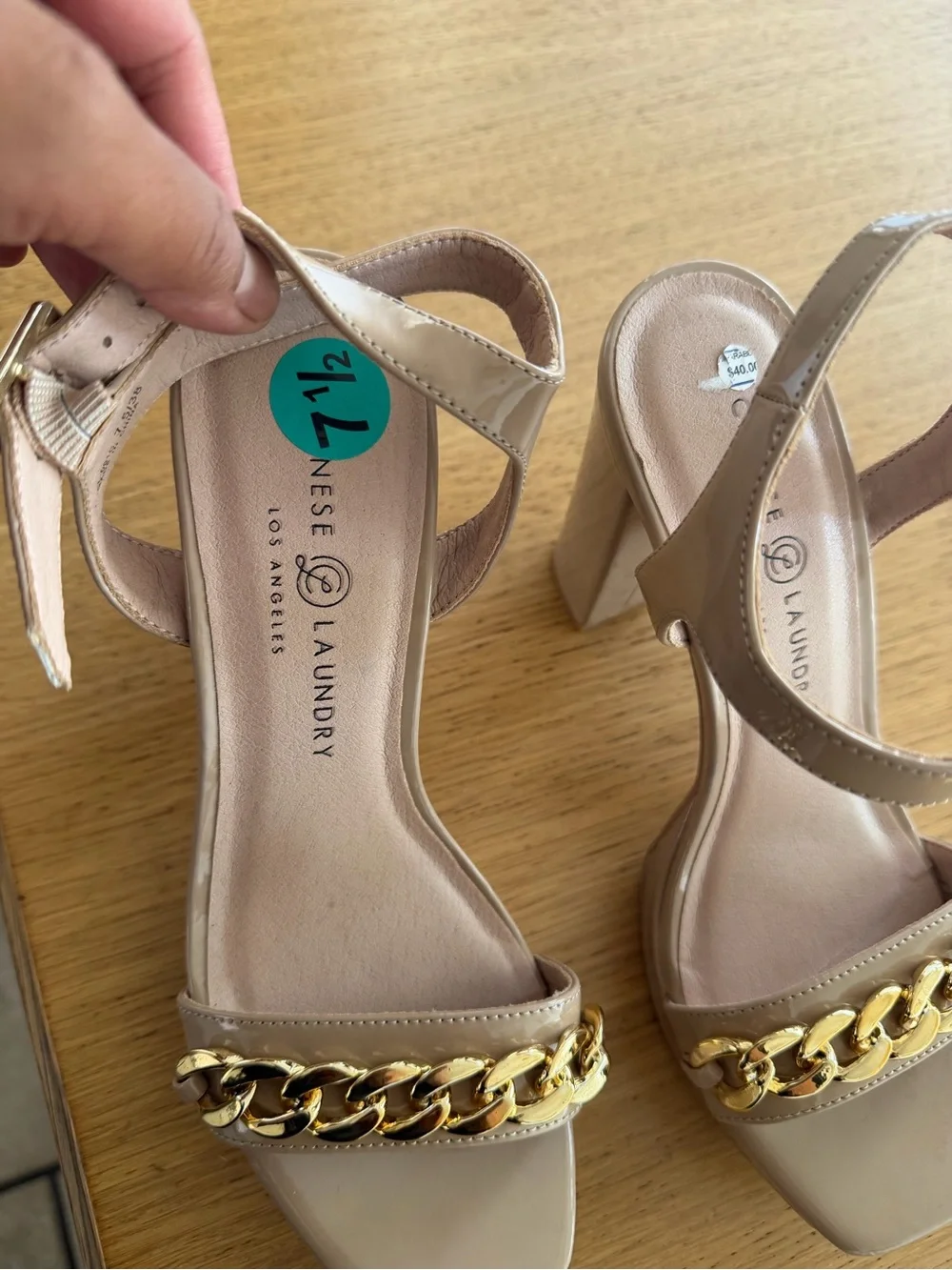 Nude Patent Platform Sandal with Gold Chain